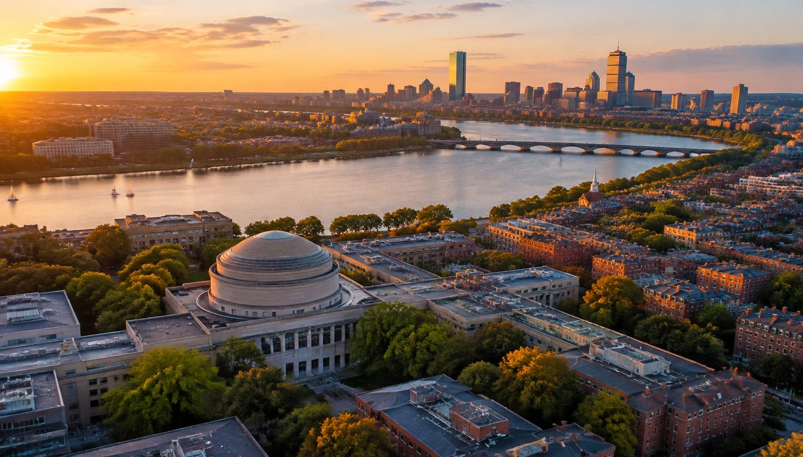 Aerial view of Cambridge, Massachusetts, along the Charles River at sunset